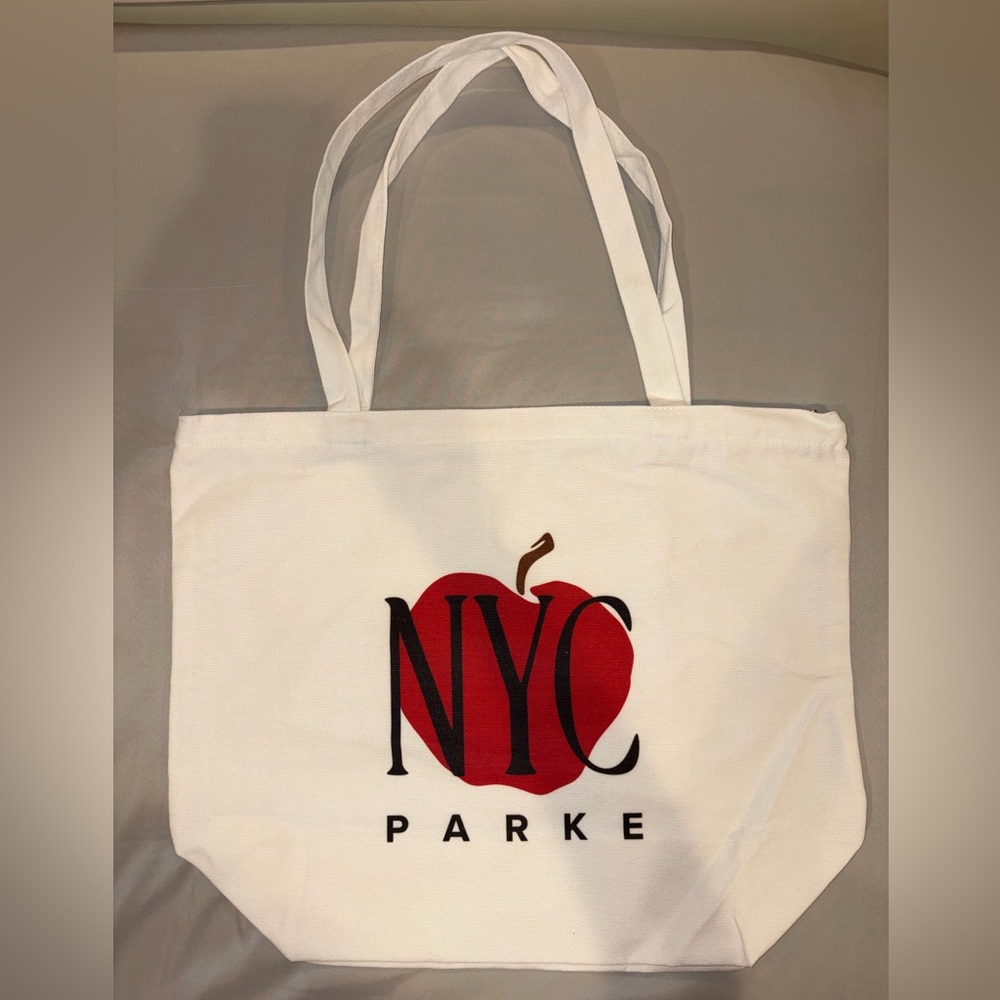 Parke NYC White Canvas Tote with Red Apple (Exclusive & Limited Edition)